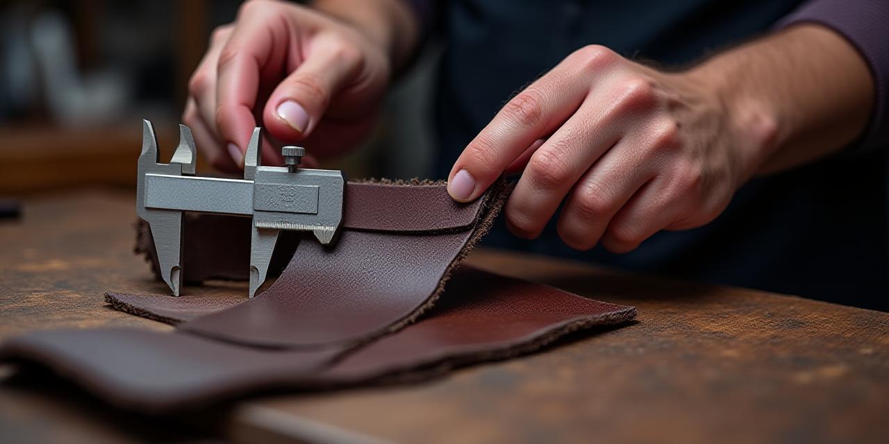 Close up of a leather artisan measuring a belt with industrial calipers